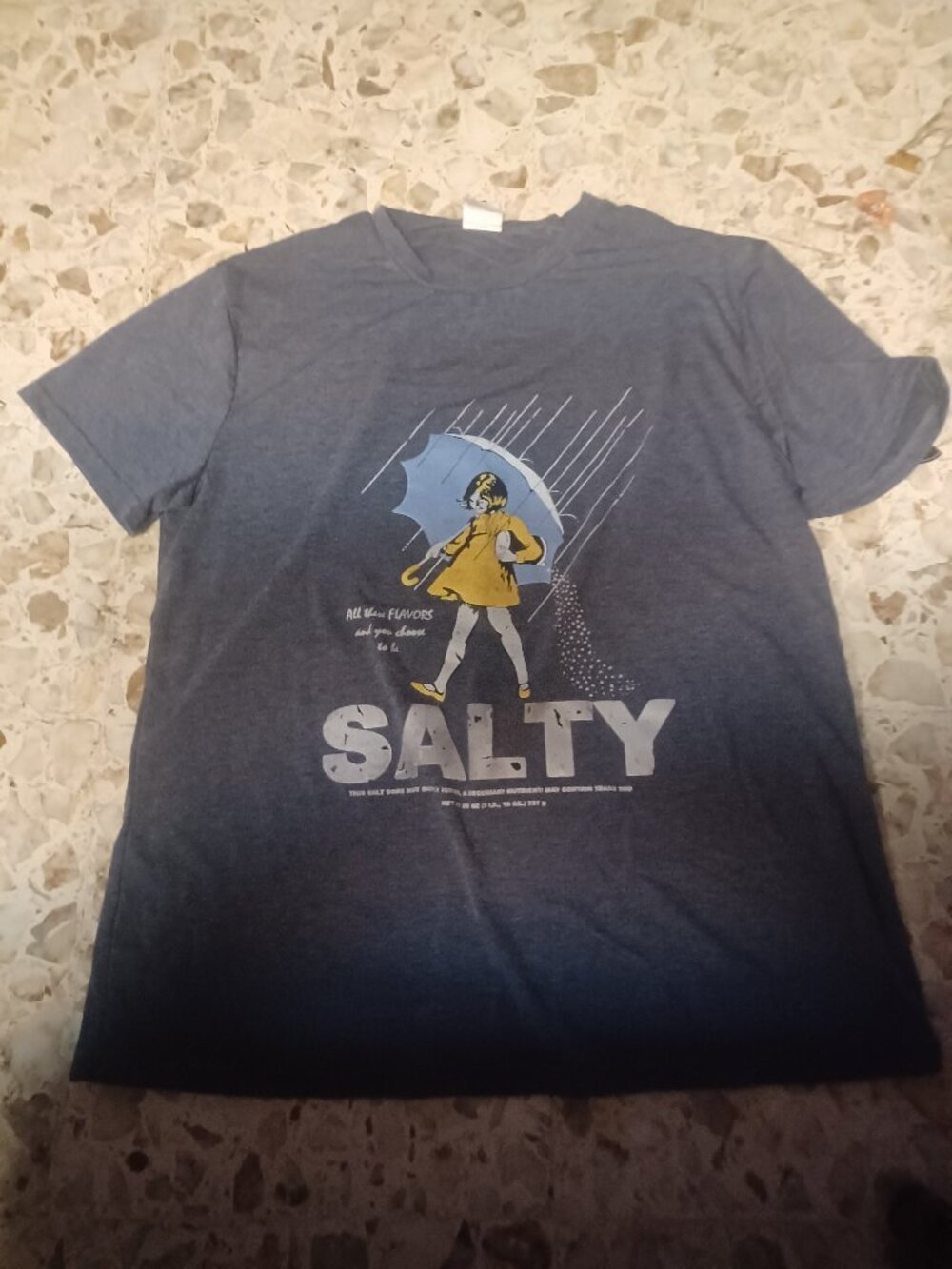 Women's Short Sleeve Novelty Tee Morton Salt Girl L Gray Yellow Blue